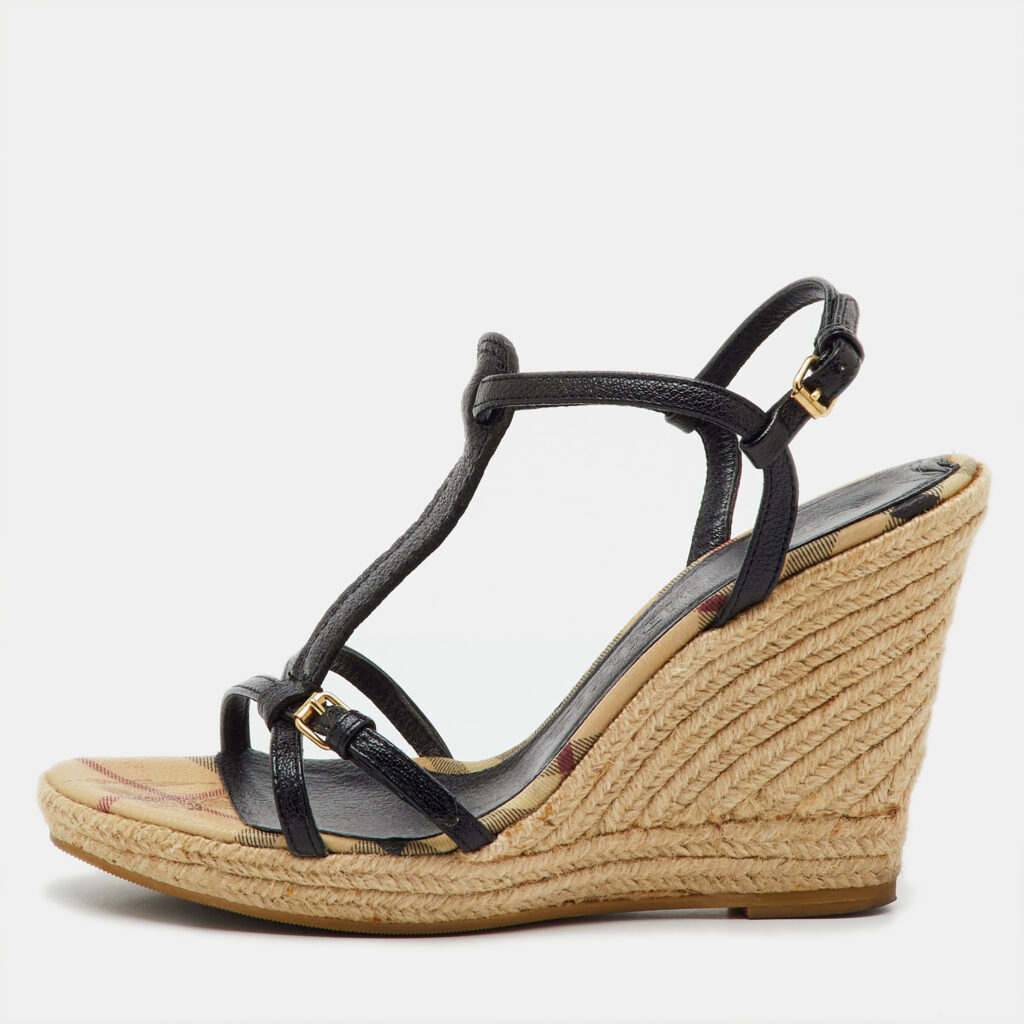 Burberry Beige/Black Leather and Haymarket Check Coated Canvas Espadrille Wedge Sandals Size 38