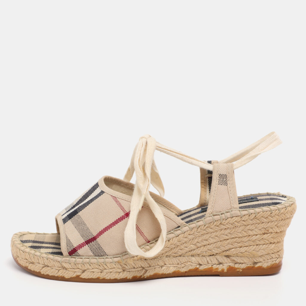 Burberry Beige Canvas Nova Check Wedge Ankle Strap Espadrilles Size 38 Burberry Beige Canvas Nova Check Wedge Ankle Strap Espadrilles Size 38