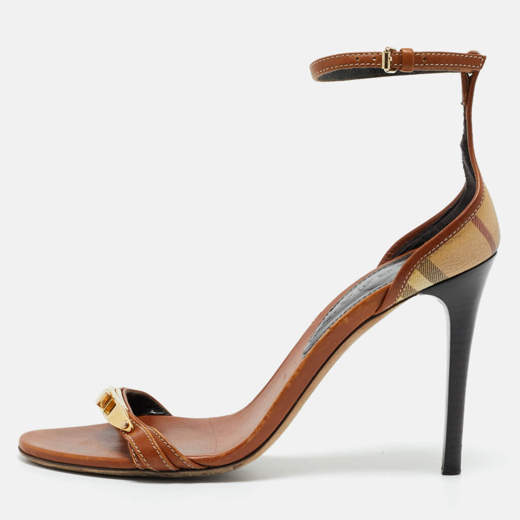 luxury-women-burberry-used-shoes-p1217623-010-1.jpg Burberry Brown House Check Canvas and Leather Ankle Strap Sandals Size 38