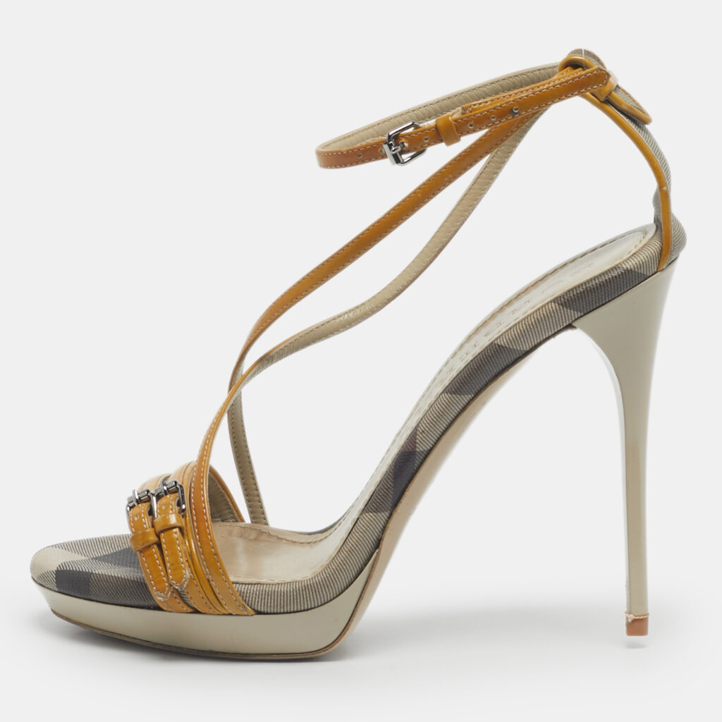 Burberry Yellow House Check Canvas and Leather Ankle Strap Sandals Size 38