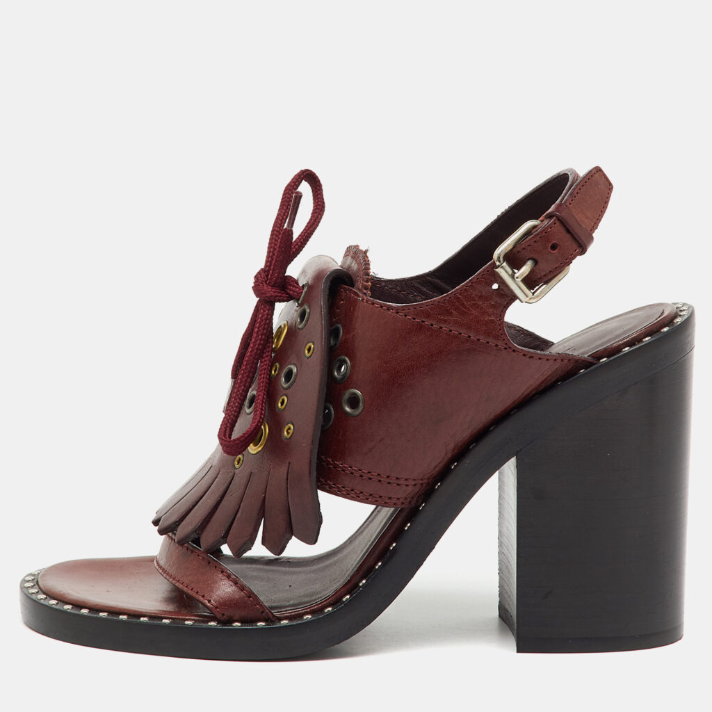 Burberry Burgundy Leather Beverley Eyelet Fringe Detail Block Heel Sandals Size 38 Burberry Burgundy Leather Beverley Eyelet Fringe Detail Block Heel Sandals Size 38