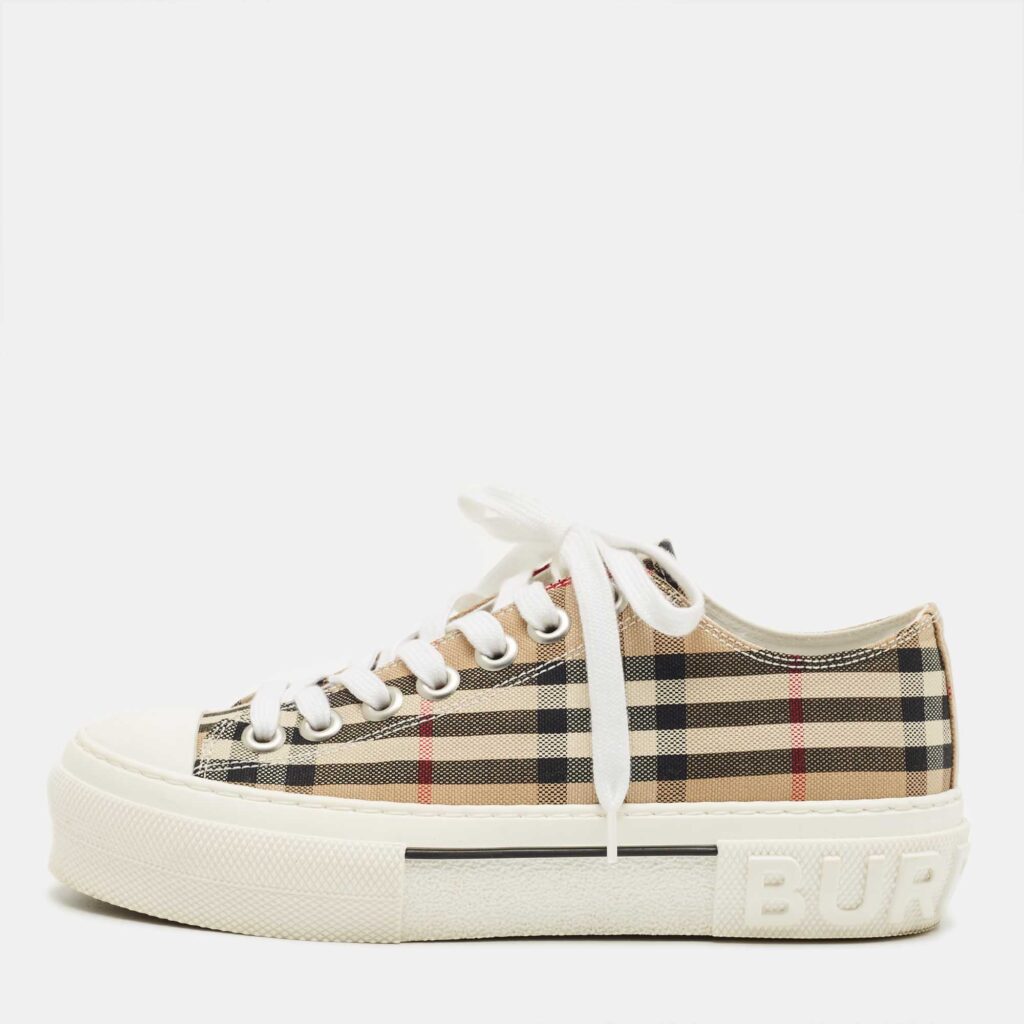 Burberry Beige Canvas and Rubber Check Low Top Sneakers Size 36.5 Burberry Beige Canvas and Rubber Check Low Top Sneakers Size 36.5