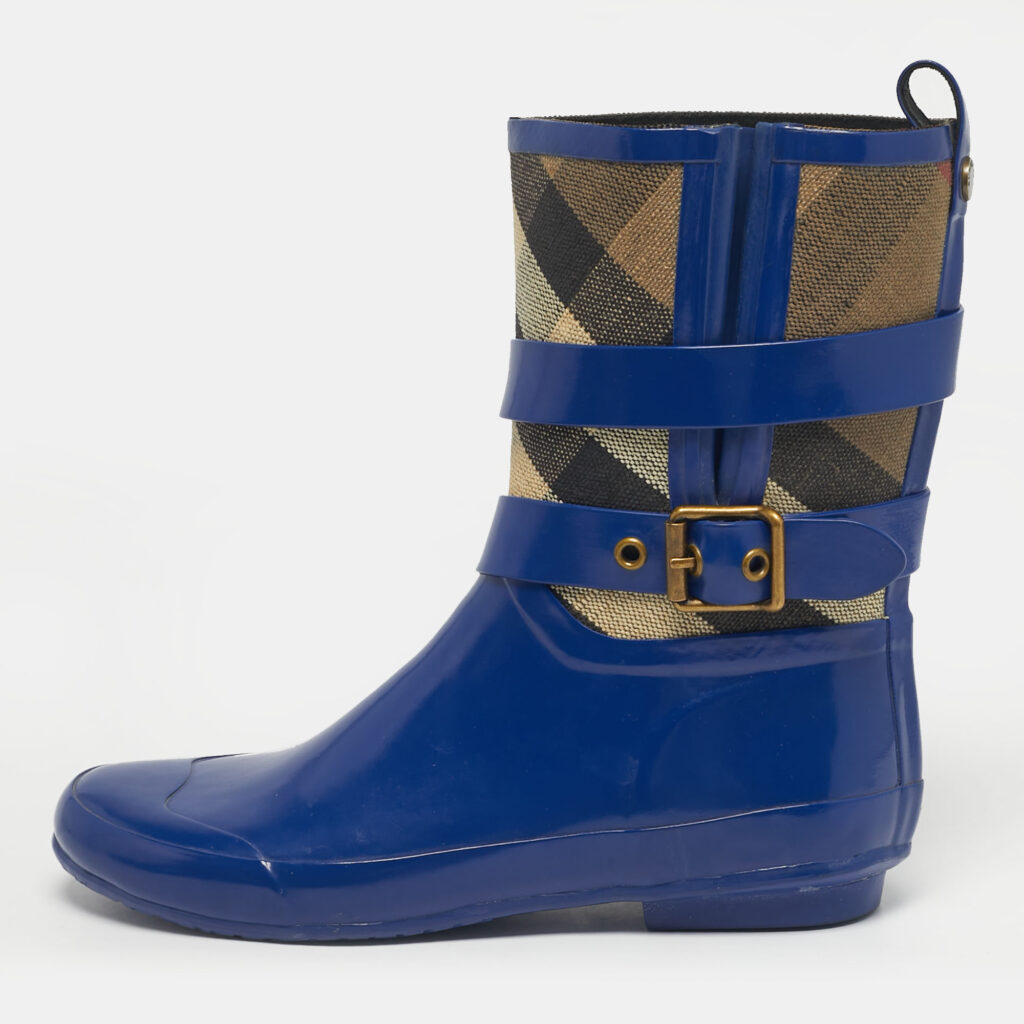 Burberry Beige/Blue House Check Canvas and Blue Rubber Rain Boots Size 39