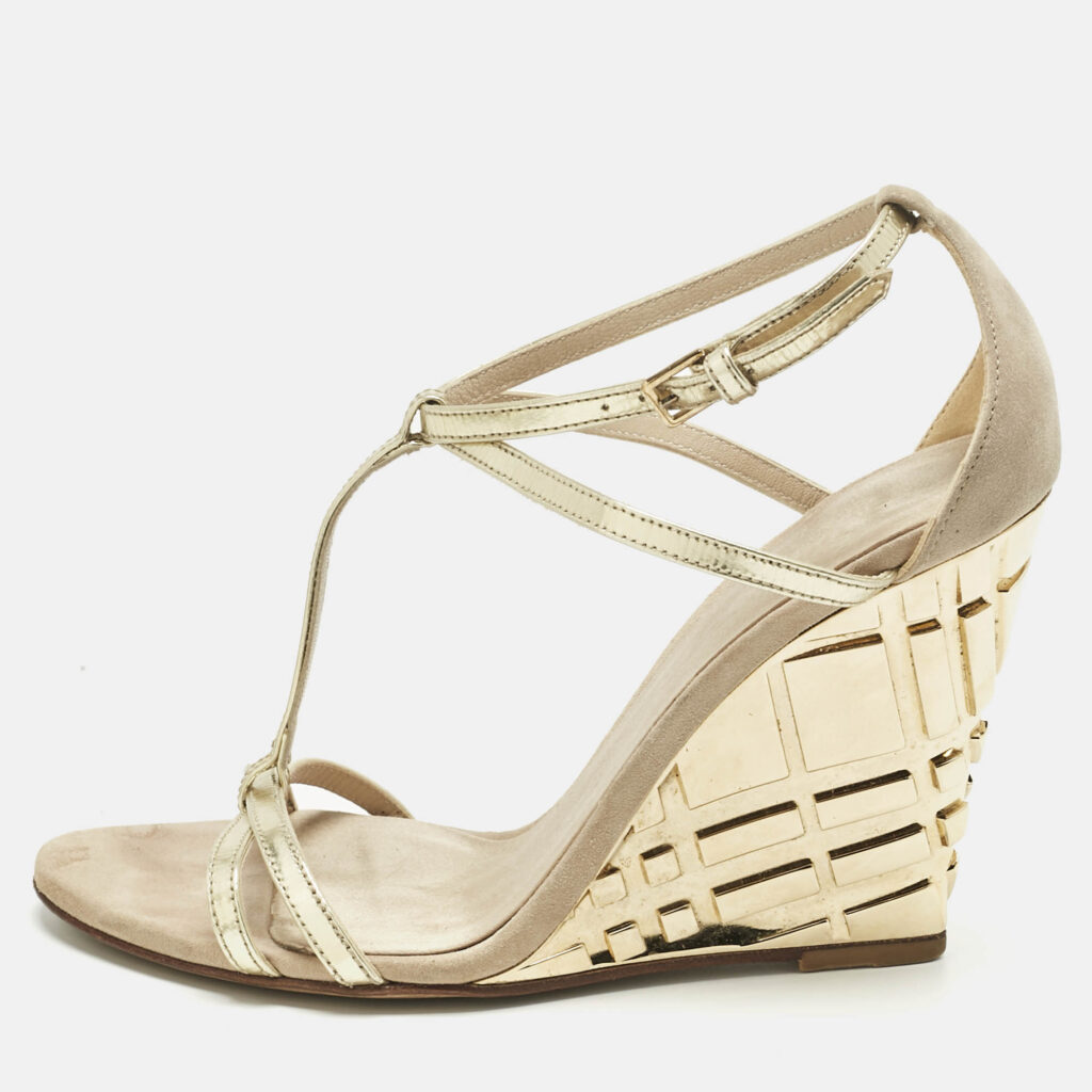 Burberry Beige/Gold Leather and Suede Wedge Sandals Size 36 Burberry Beige/Gold Leather and Suede Wedge Sandals Size 36