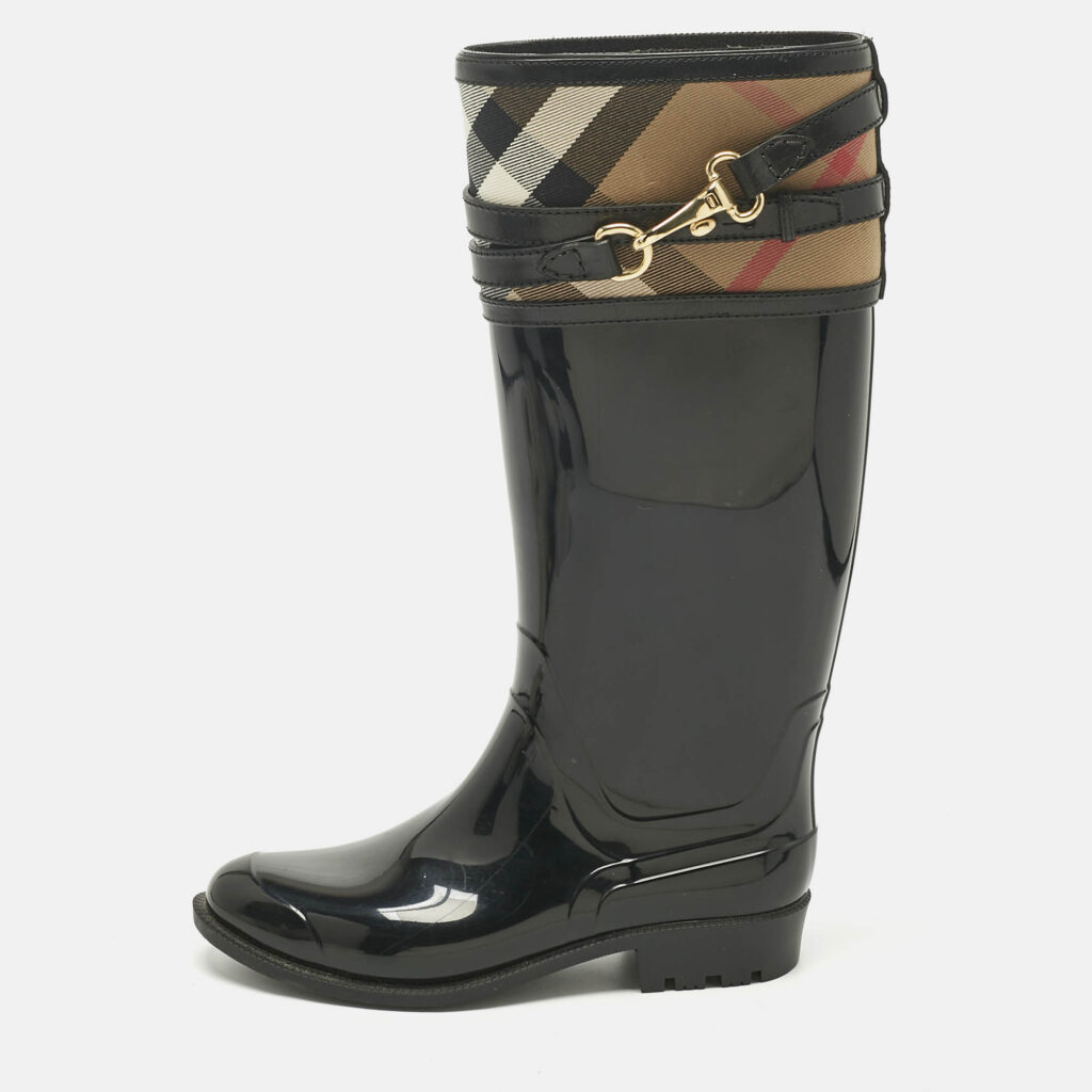 Burberry Black/Beige Rubber and House Check Canvas Rain Boots Size 35