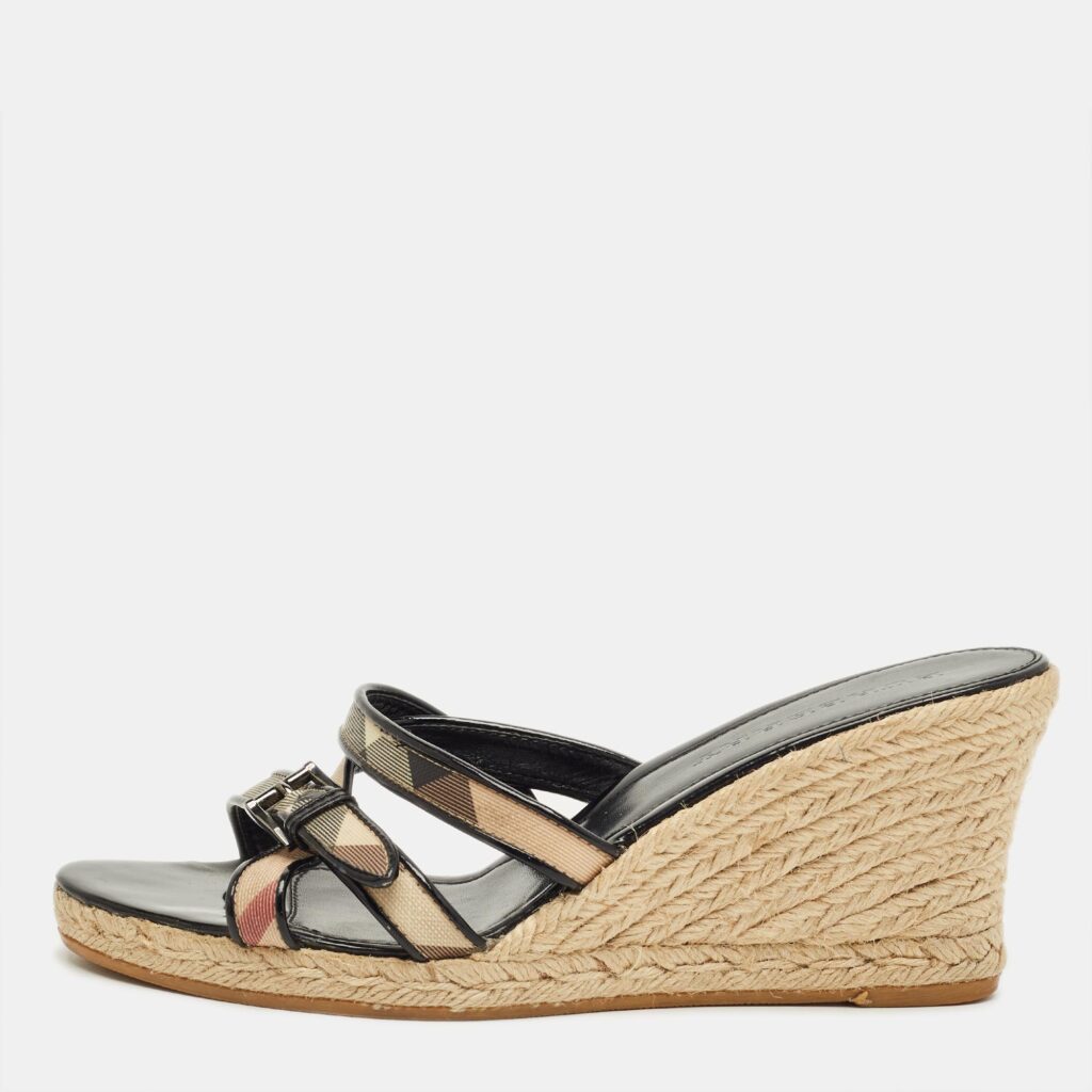 Burberry Beige/Black House Check Canvas and Patent Wedge Sandals Size 41