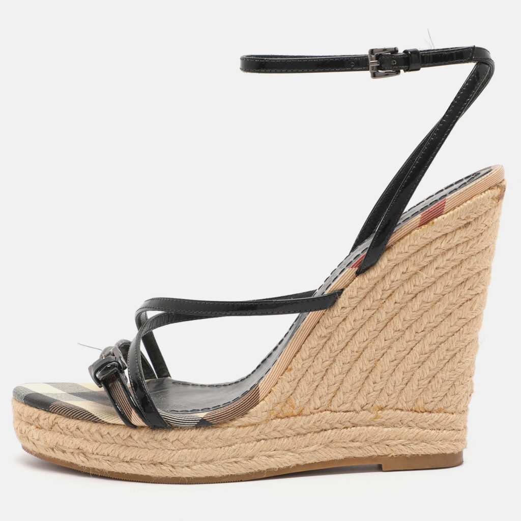 Burberry Beige/Black Check Patent Leather and Canvas Espadrille Wedge Sandals Size 39