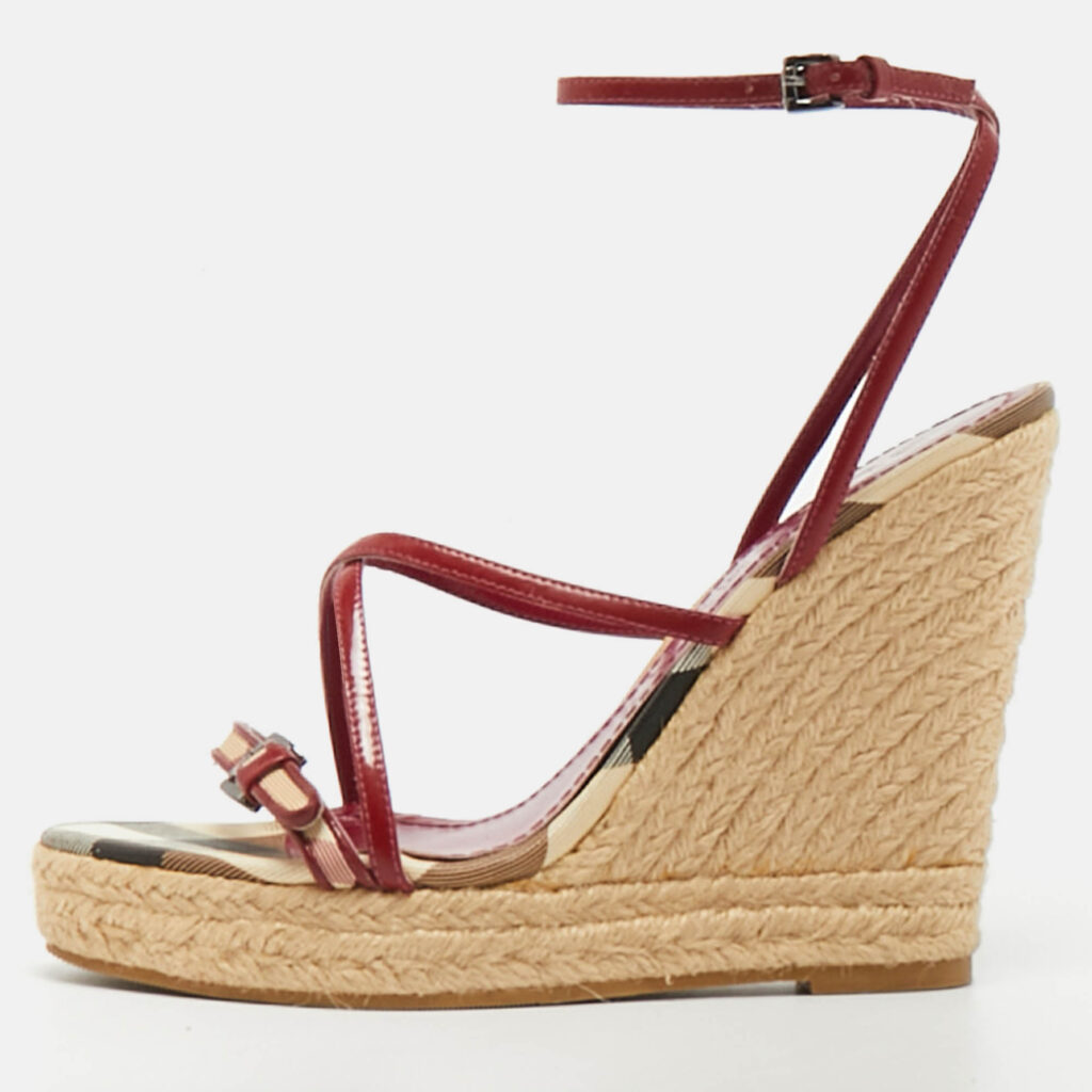 Burberry Burgundy/Beige Check Canvas and Patent Leather Espadrille Wedge Sandals Size 37 Burberry Burgundy/Beige Check Canvas and Patent Leather Espadrille Wedge Sandals Size 37