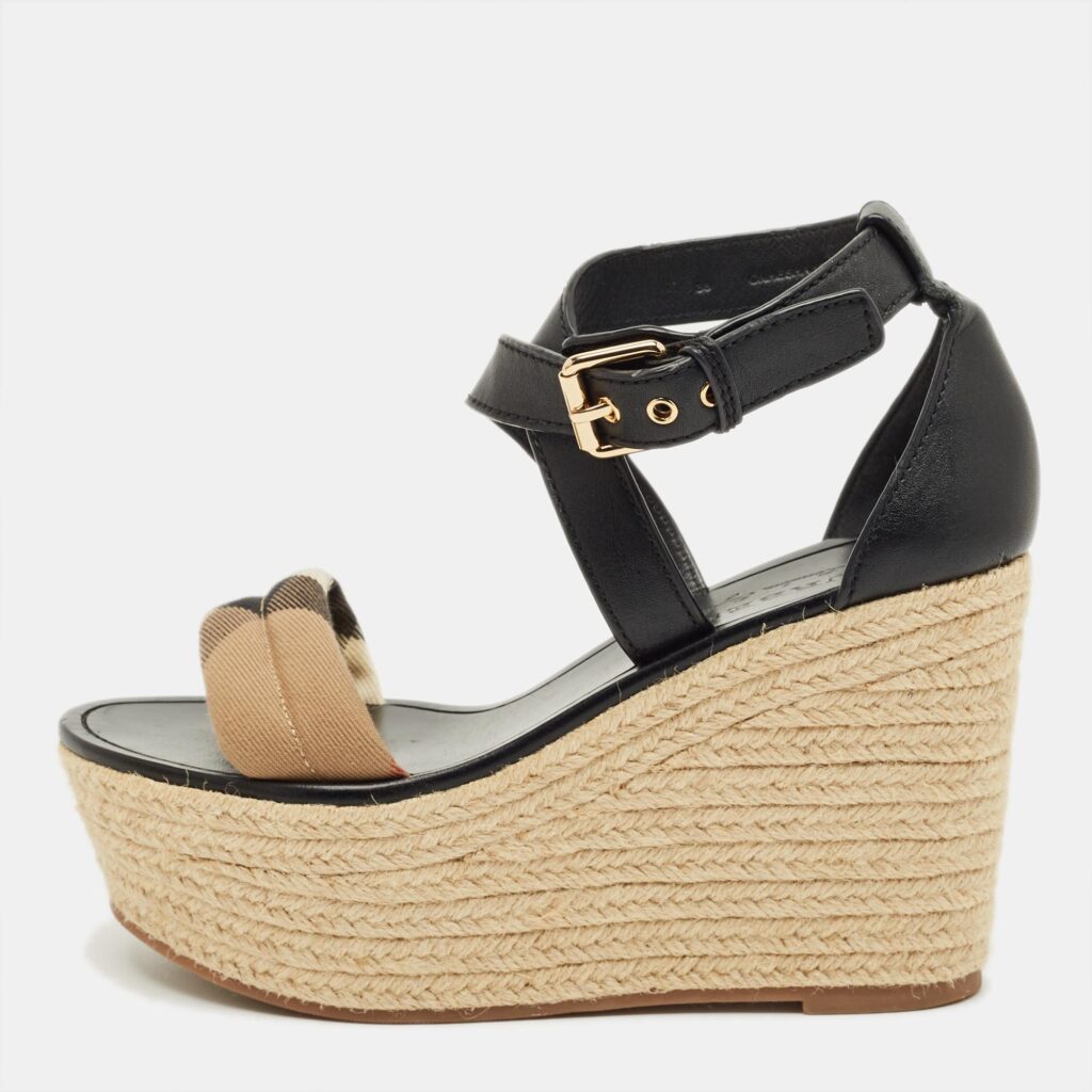 Burberry Nova Check Size 38 Black Canvas and Leather Espadrille Sandals