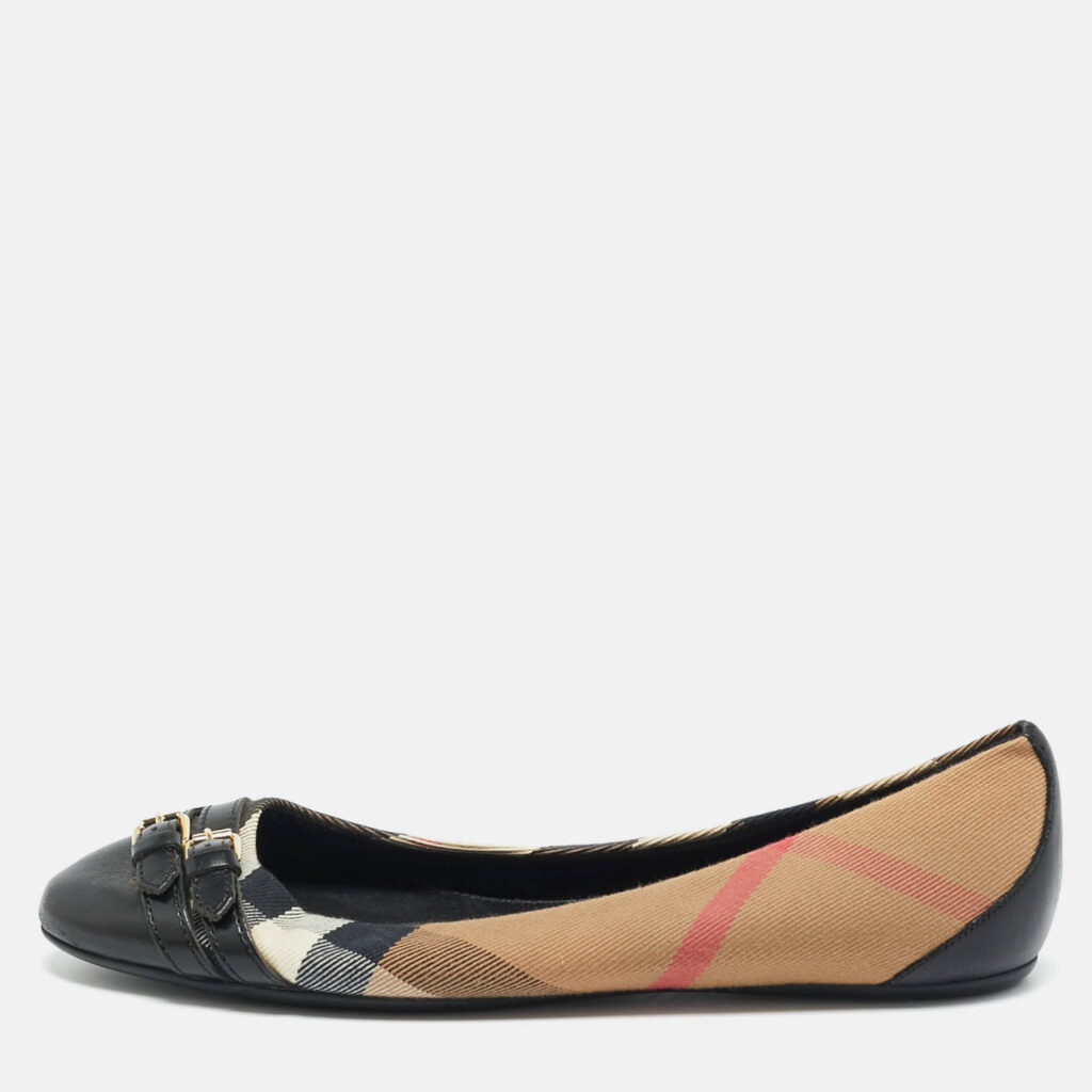 Burberry Avonwick Size 38 Beige/Black House Canvas and Leather Ballet Flats