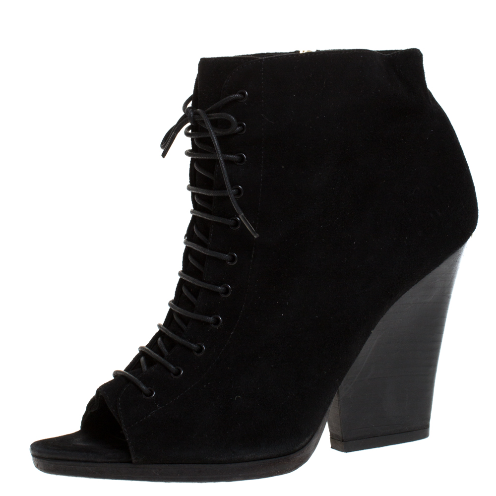 Burberry Black Suede Peep Toe Lace Up Booties Size 39