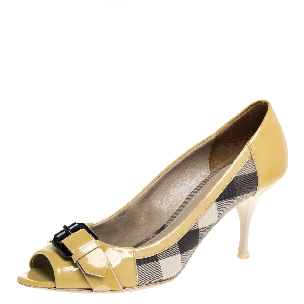 Burberry Yellow/Beige Check PVC and Patent Leather Buckle Peep Toe Pumps Size 38 Burberry Yellow/Beige Check PVC and Patent Leather Buckle Peep Toe Pumps Size 38