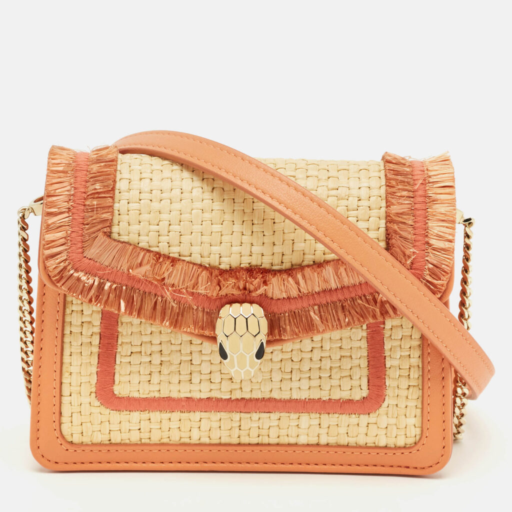 Bvlgari Beige/Peach Raffia and Leather Mini Serpenti Forever Crossbody Bag