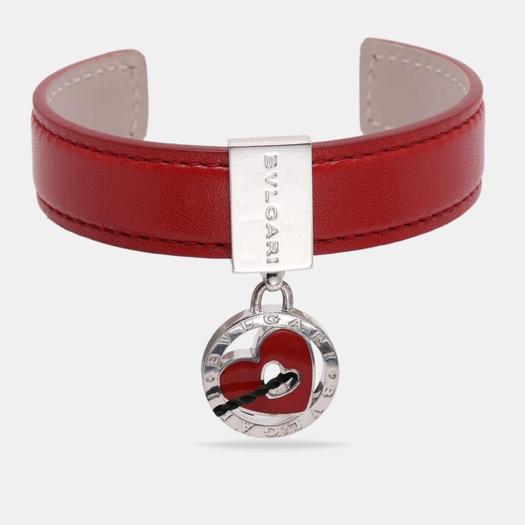 Bvlgari Red Leather Sterling Silver 925 Open Cuff Bracelet Bvlgari Red Leather Sterling Silver 925 Open Cuff Bracelet