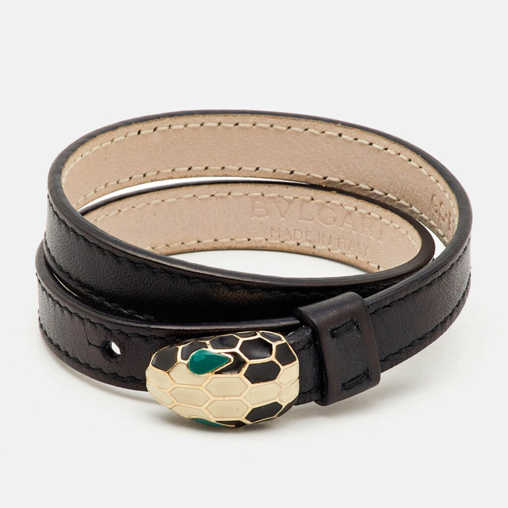 Bvlgari Serpenti Forever Black Leather Enamel Gold Tone Wrap Bracelet Bvlgari Serpenti Forever Black Leather Enamel Gold Tone Wrap Bracelet