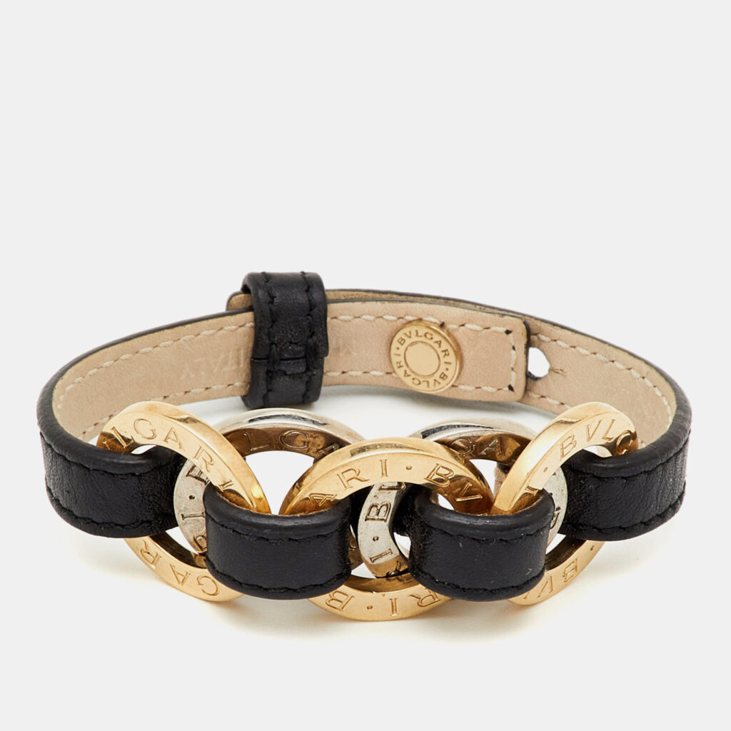 Bvlgari Two Tone Interlocking Circles Black Leather Bracelet Bvlgari Two Tone Interlocking Circles Black Leather Bracelet