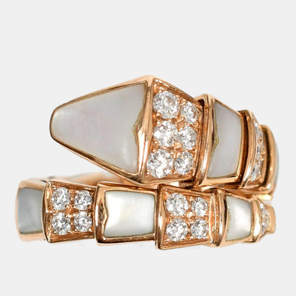 Bvlgari 18K Rose Gold Pave Diamonds White Mother of Pearl Viper Ring US 6 Bvlgari 18K Rose Gold Pave Diamonds White Mother of Pearl Viper Ring US 6