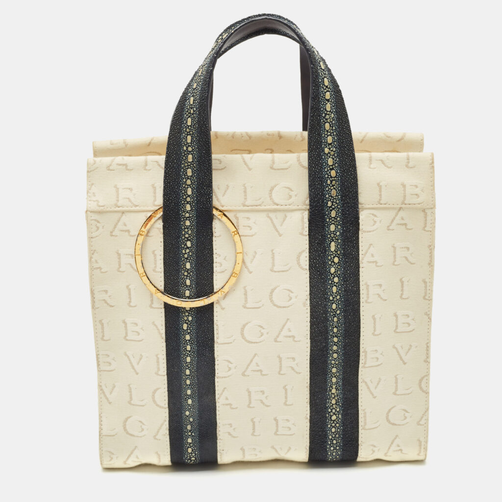 Bvlgari Blue/Off White Logomania Canvas and Stingray Bangle Tote