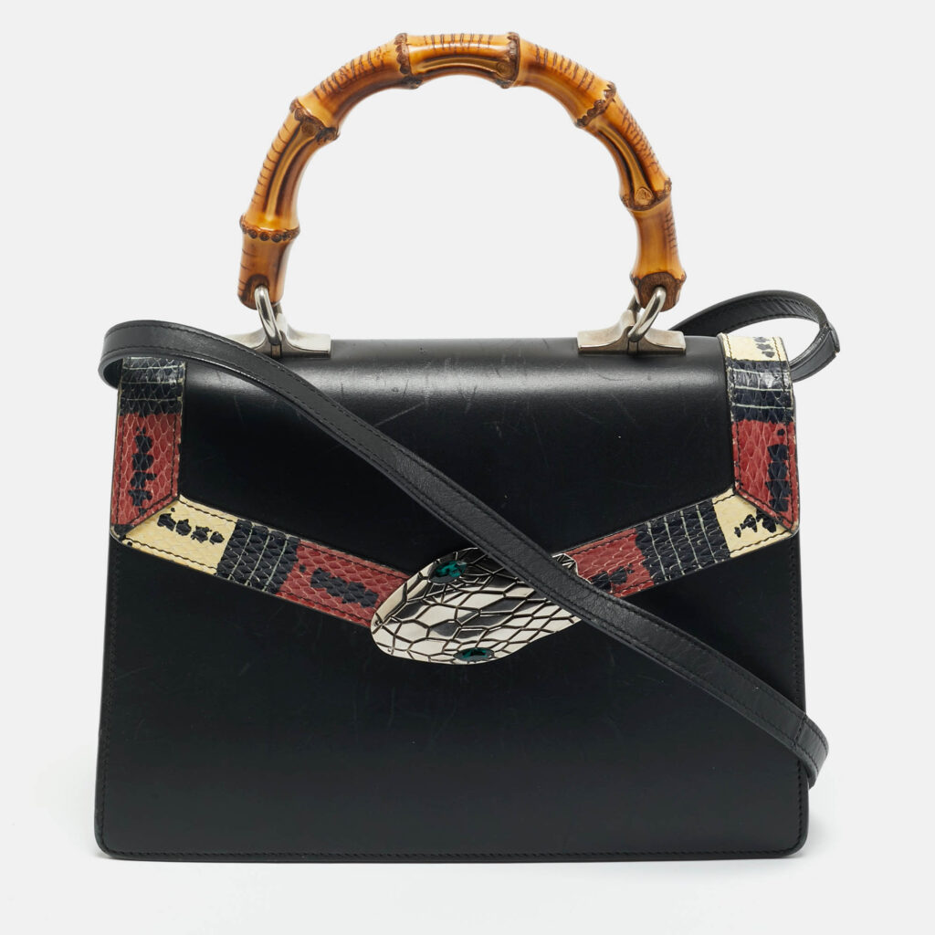 luxury-women-bvlgari-used-handbags-p1220888-013-1.jpg Gucci Black Leather and Snakeskin Small Lilith Bamboo Top Handle Bag