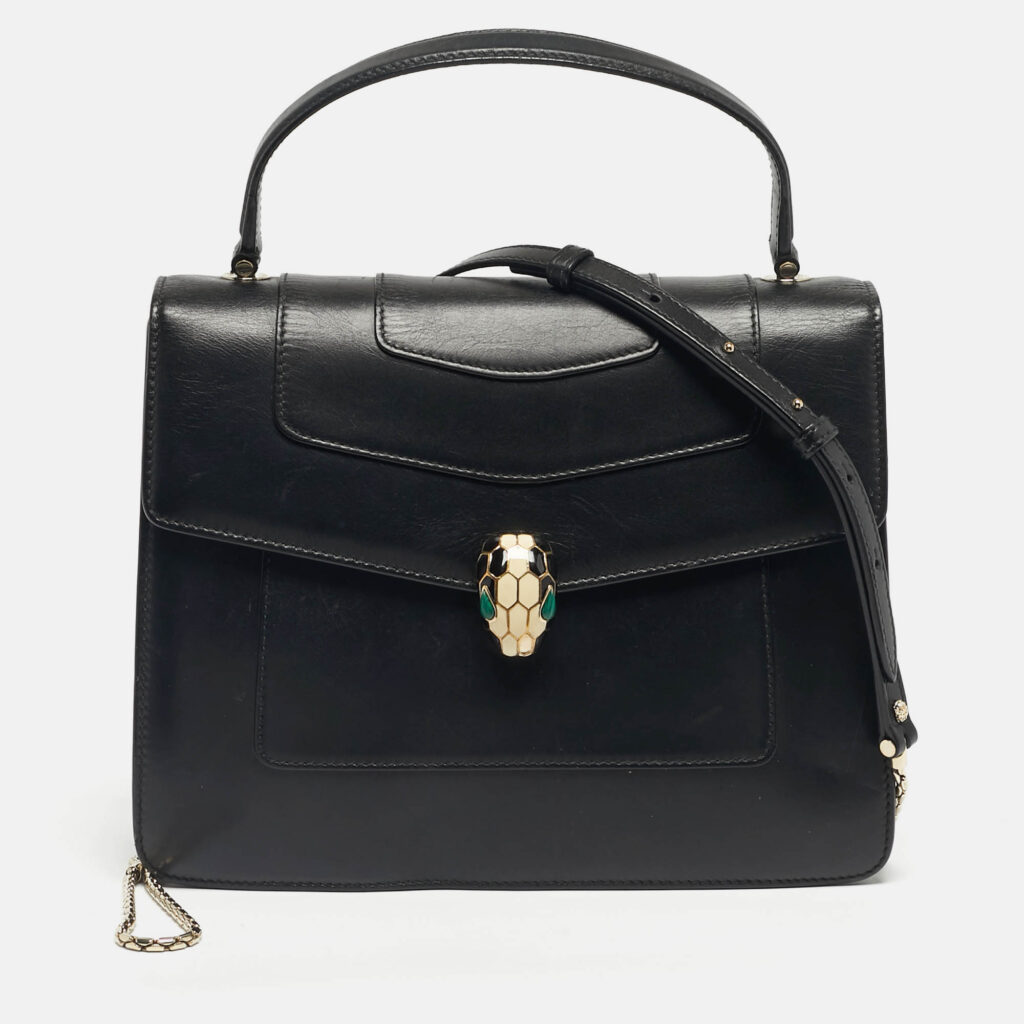 Bvlgari Black Leather Large Serpenti Forever Top Handle Bag
