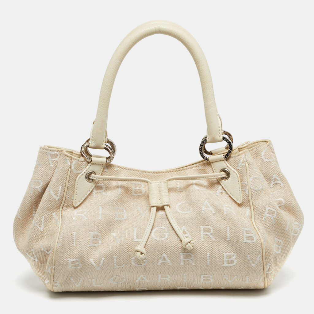 Bvlgari Beige/White Canvas and Leather Logomania Tote Bvlgari Beige/White Canvas and Leather Logomania Tote