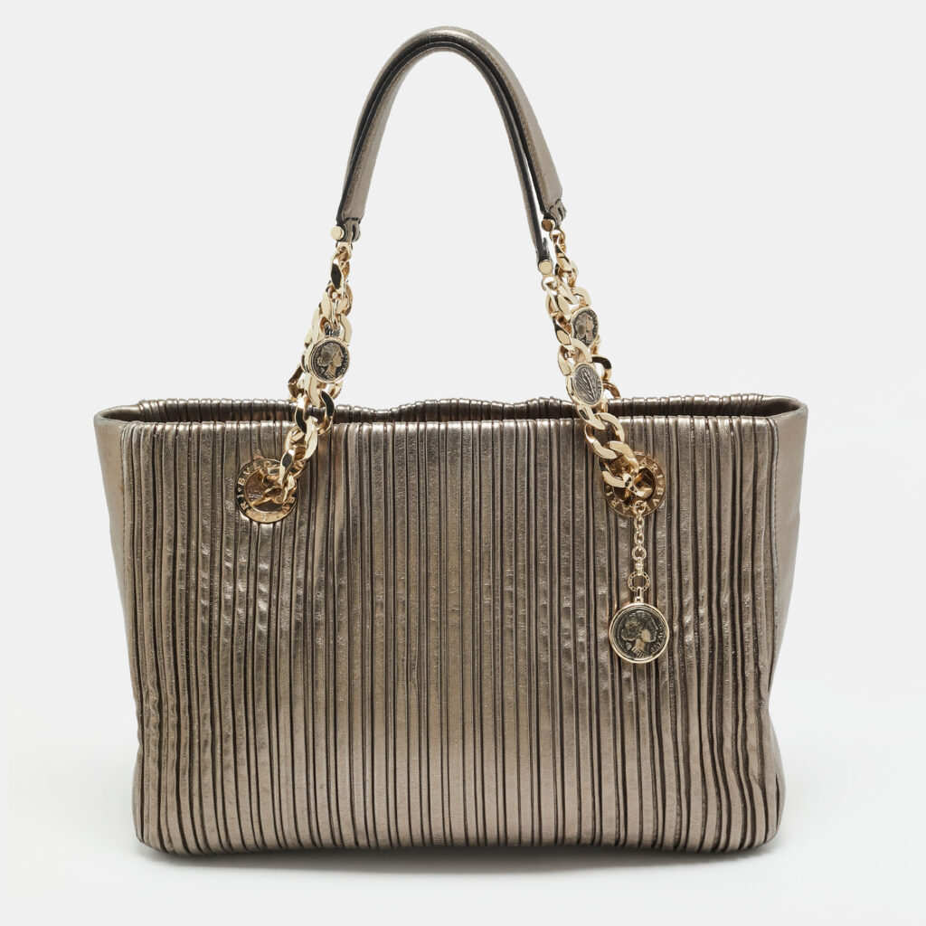Bvlgari Monte Plisse Metallic Olive Green Leather Tote