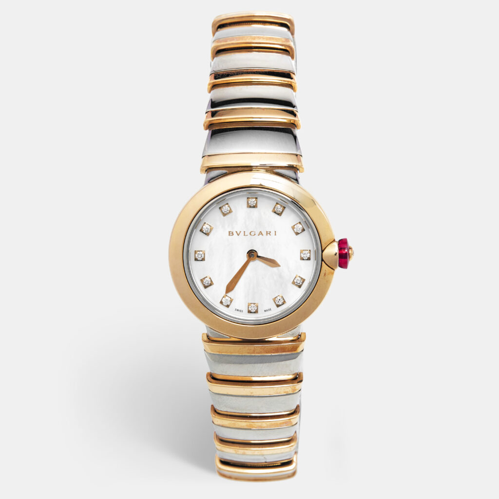 luxury-women-bvlgari-used-watches-p1114553-007-1.jpg Bvlgari Mother of Pearl Diamond 18K Rose Gold Stainless Steel Lvcea 102194 Women's Wristwatch 28 mm