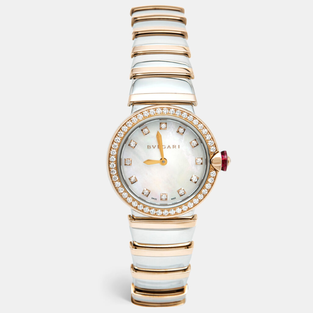 Bvlgari Lvcea 102475 White Mother of Pearl Diamond 18K Rose Gold Stainless Steel Women's Wristwatch 28 mm