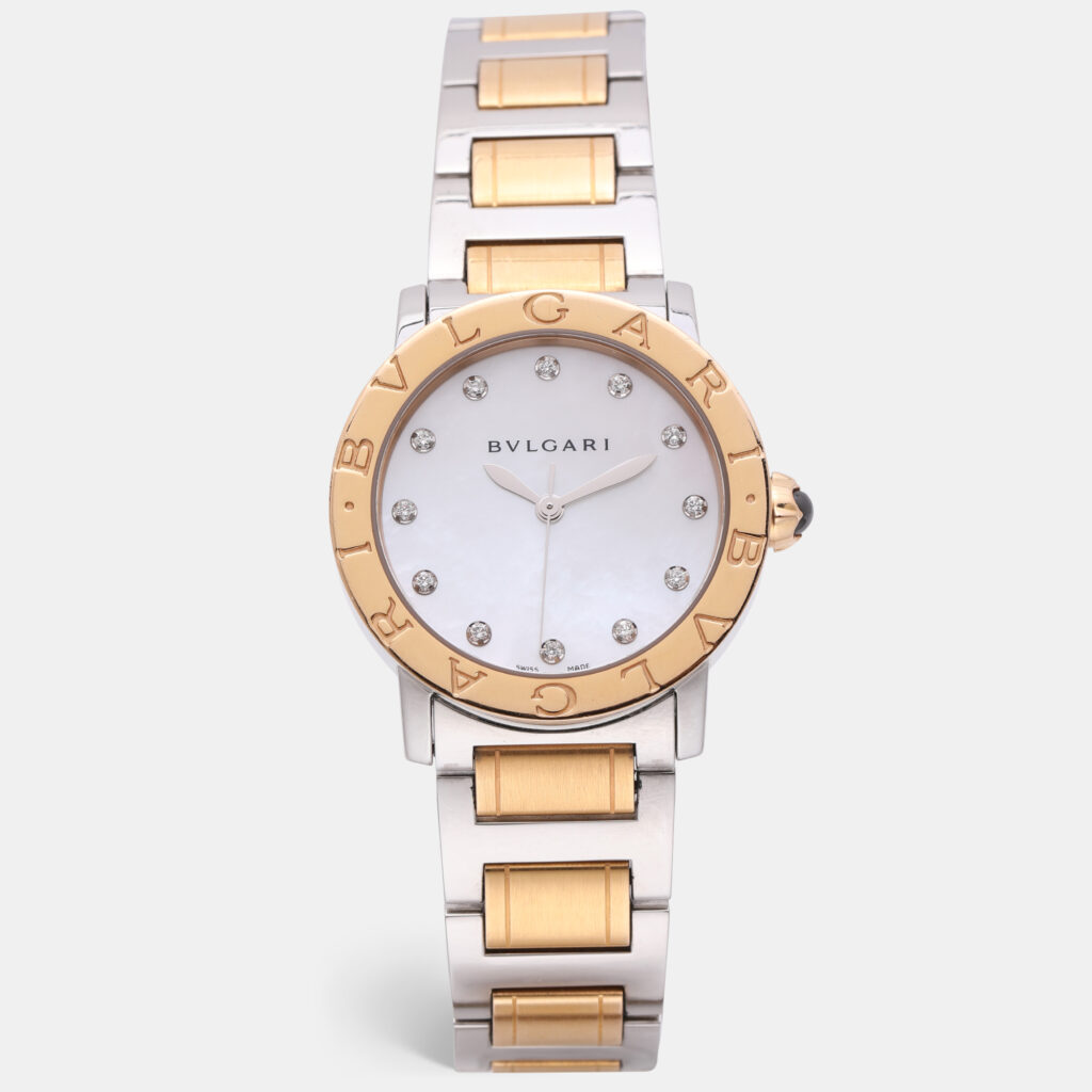 Bvlgari White 18k Yellow Gold/Stainless Steel Mother of Pearl/Pink Sapphire BBLP33SG Wristlet Watch 33 mm Bvlgari White 18k Yellow Gold/Stainless Steel Mother of Pearl/Pink Sapphire BBLP33SG Wristlet Watch 33 mm