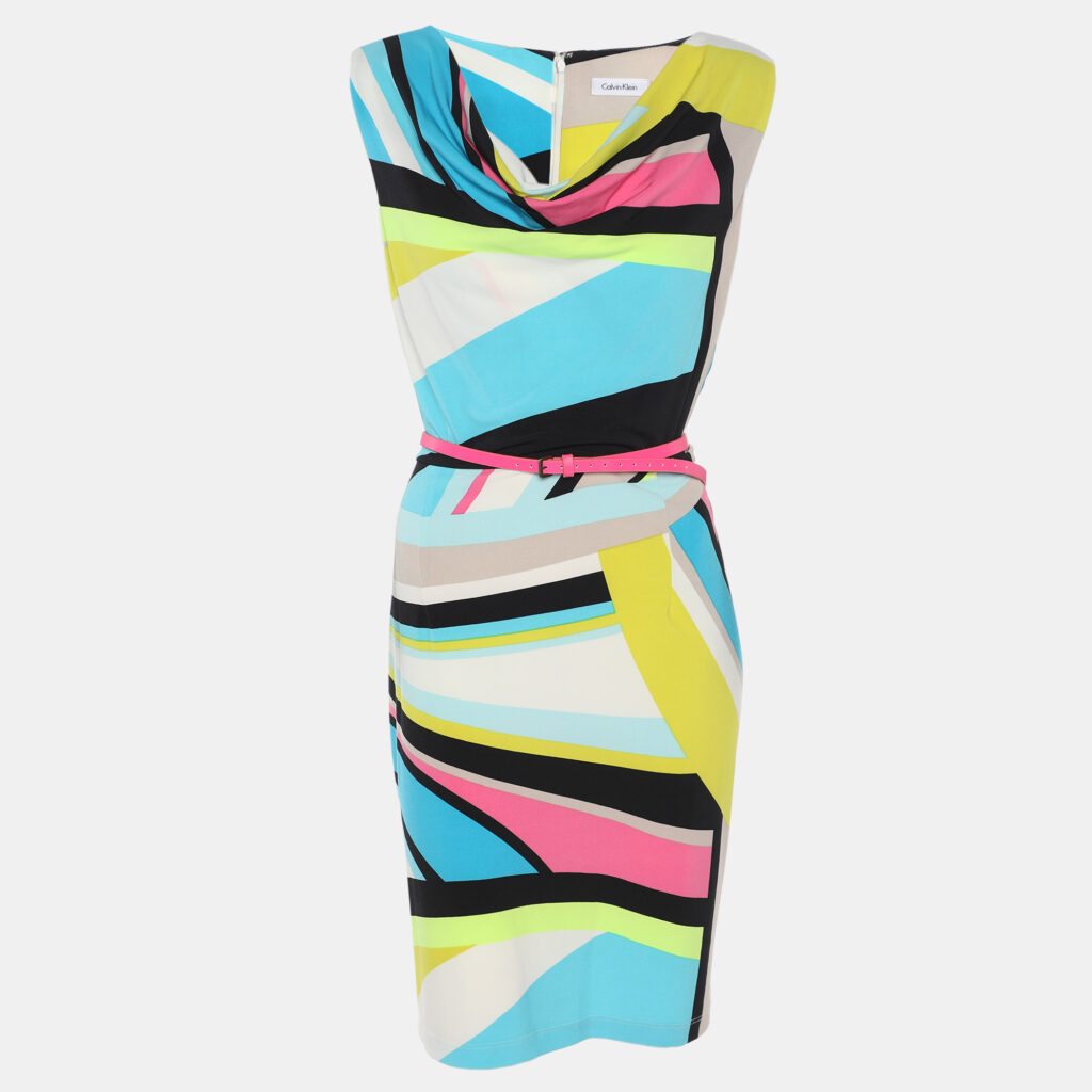 Calvin Klein Multicolor Printed Jersey Sleeveless Belted Mini Dress L Calvin Klein Multicolor Printed Jersey Sleeveless Belted Mini Dress L