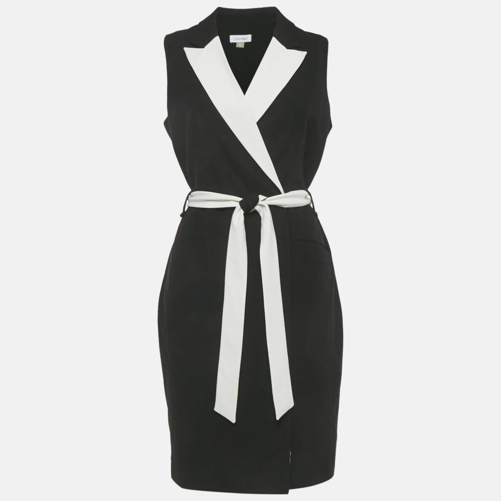 Calvin Klein Black Crepe Belted Sleeveless Short Dress S Calvin Klein Black Crepe Belted Sleeveless Short Dress S