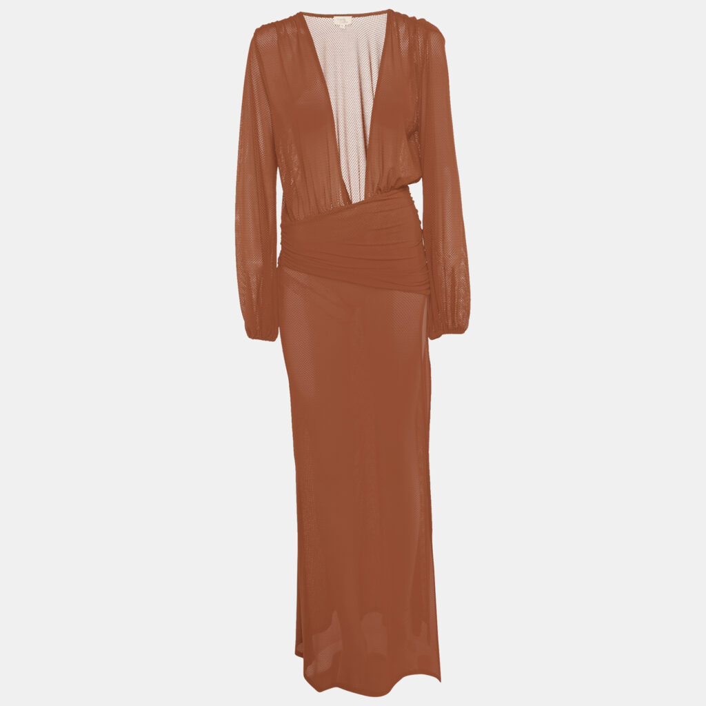 Camila Coelho Brown Jersey Mesh Plunge Neck Kimber Maxi Dress XS Camila Coelho Brown Jersey Mesh Plunge Neck Kimber Maxi Dress XS