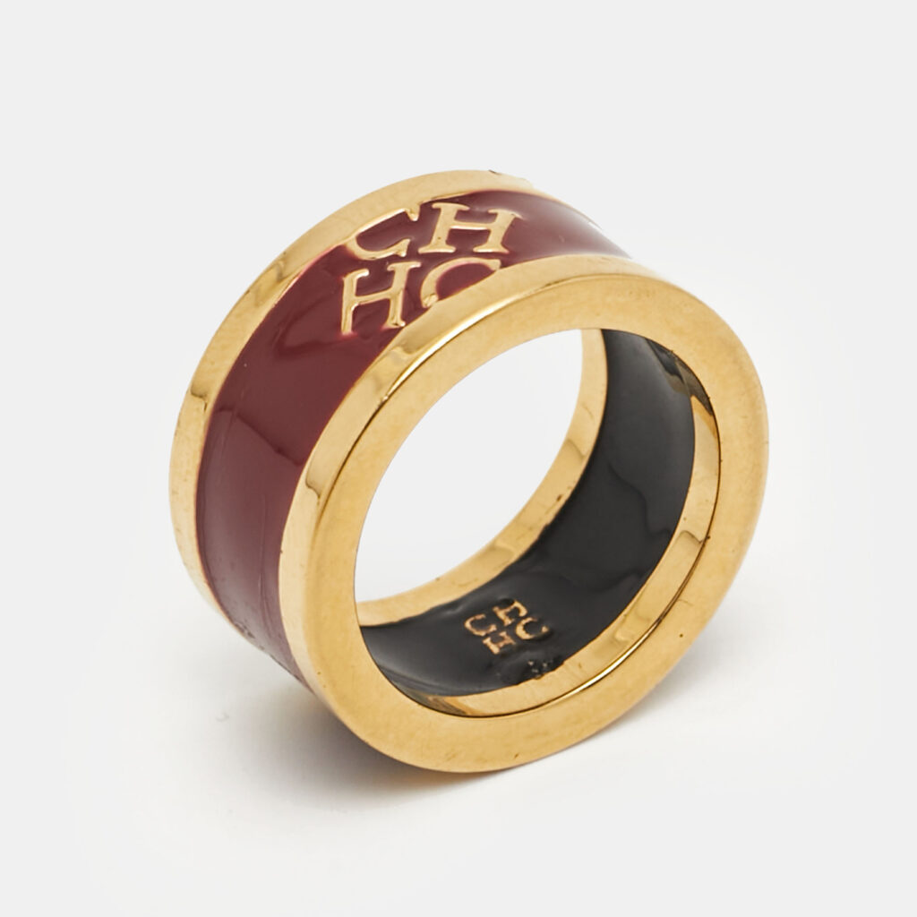 Carolina Herrera CH Logo Enamel Gold Tone Band Ring 54 Carolina Herrera CH Logo Enamel Gold Tone Band Ring 54