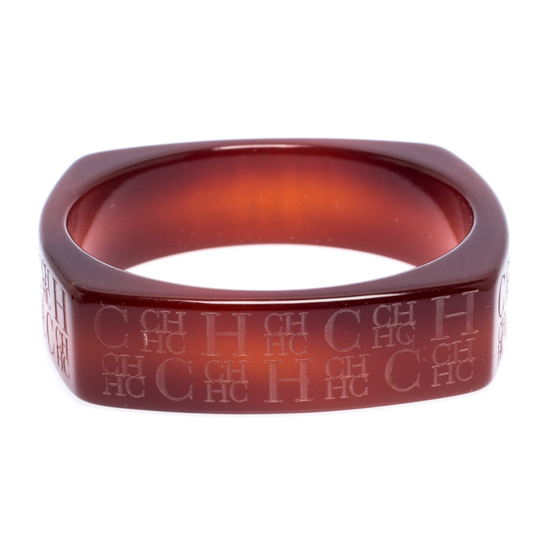 Carolina Herrera Tan Brown Logo Etched Wide Bangle Bracelet