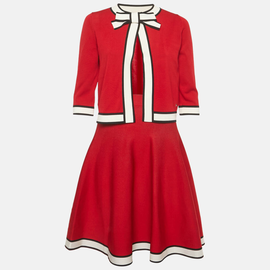 Carolina Herrera Red Knit Stripe Detail Cardigan & Mini Skirt M