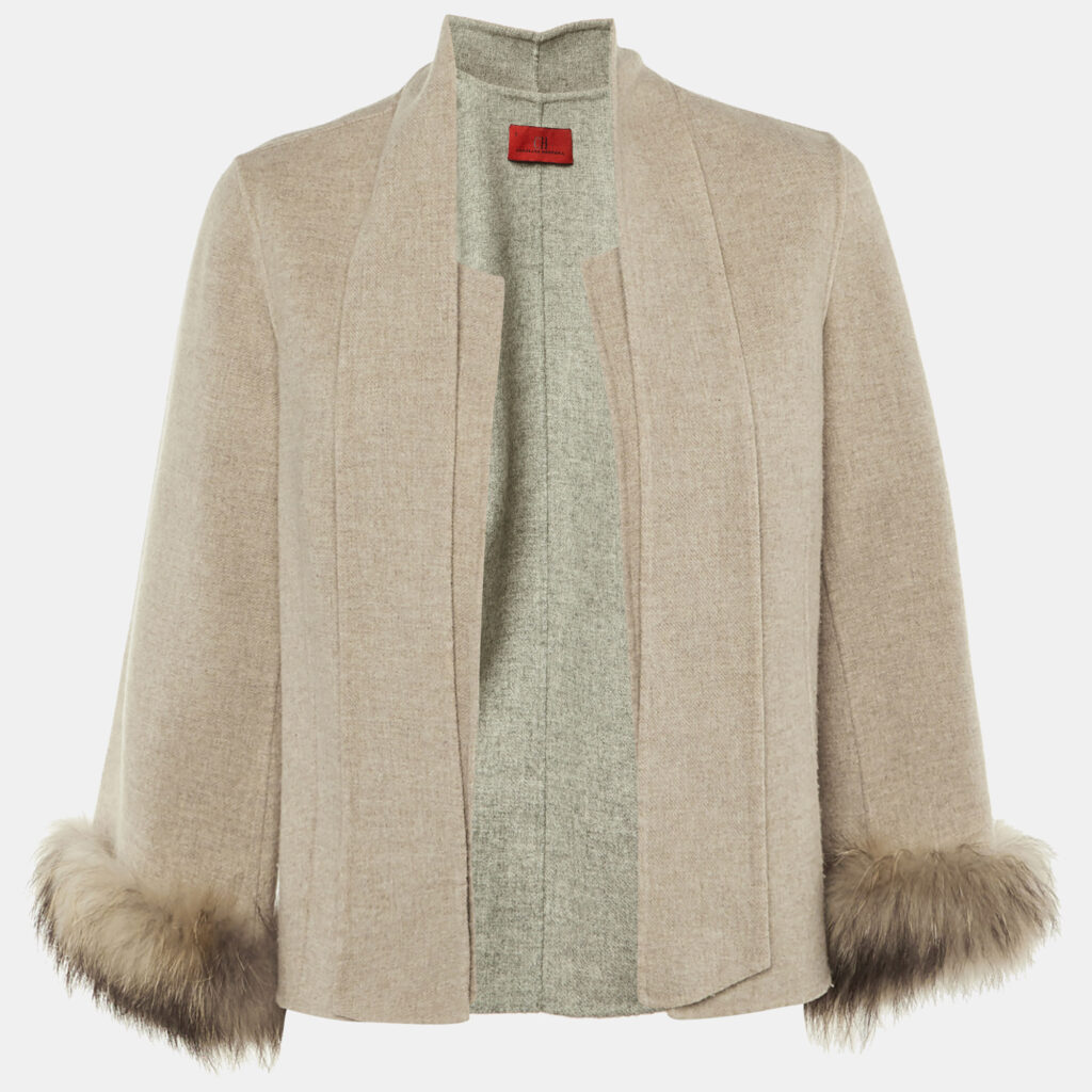 Carolina Herrera Beige Wool Fur Detail Open Front Jacket M Carolina Herrera Beige Wool Fur Detail Open Front Jacket M