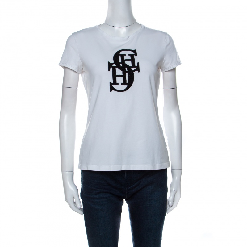 CH Carolina Herrera White Cotton Embroidered Logo Detail T-Shirt S