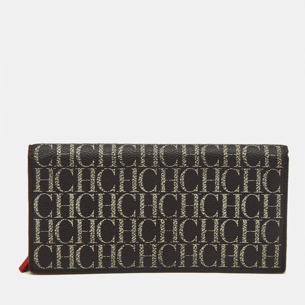 Carolina Herrera Brown/Red Monogram Coated Canvas Bifold Long Wallet Carolina Herrera Brown/Red Monogram Coated Canvas Bifold Long Wallet