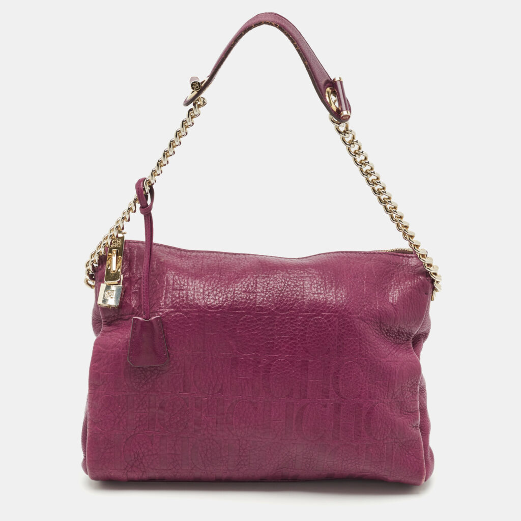 Carolina Herrera Purple Monogram Embossed Leather Lock Shoulder Bag