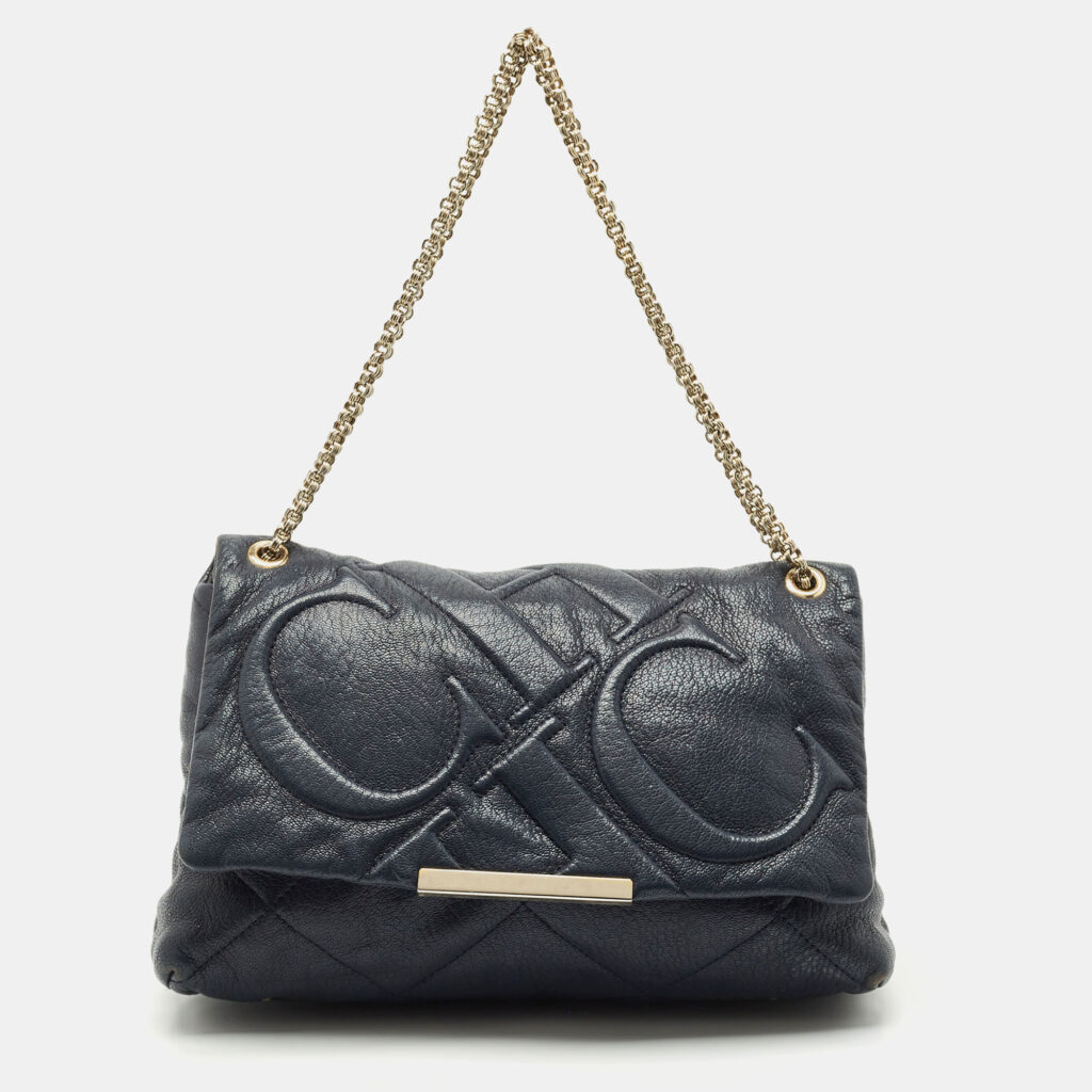 Carolina Herrera Navy Blue Embossed Leather Metal Flap Shoulder Bag