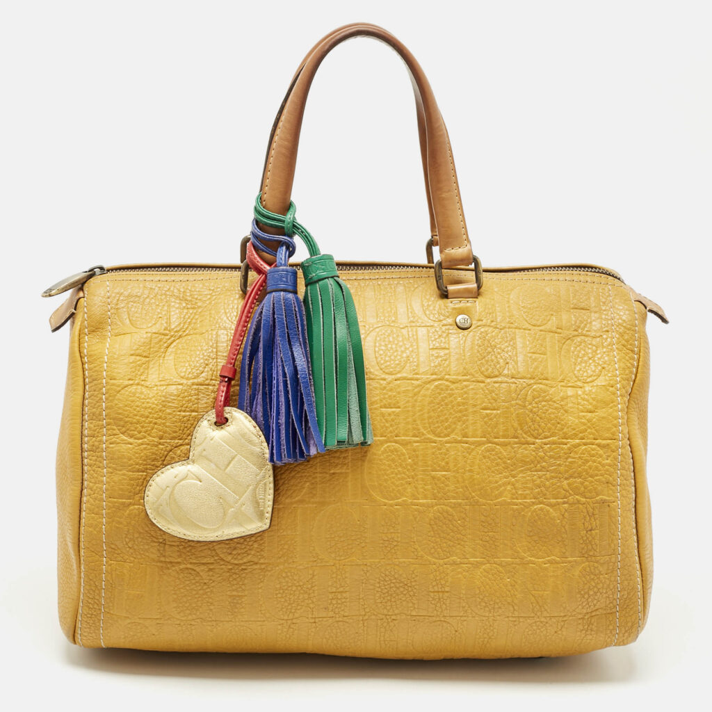 Carolina Herrera Mustard/Beige Monogram Leather Large Andy Satchel Carolina Herrera Mustard/Beige Monogram Leather Large Andy Satchel