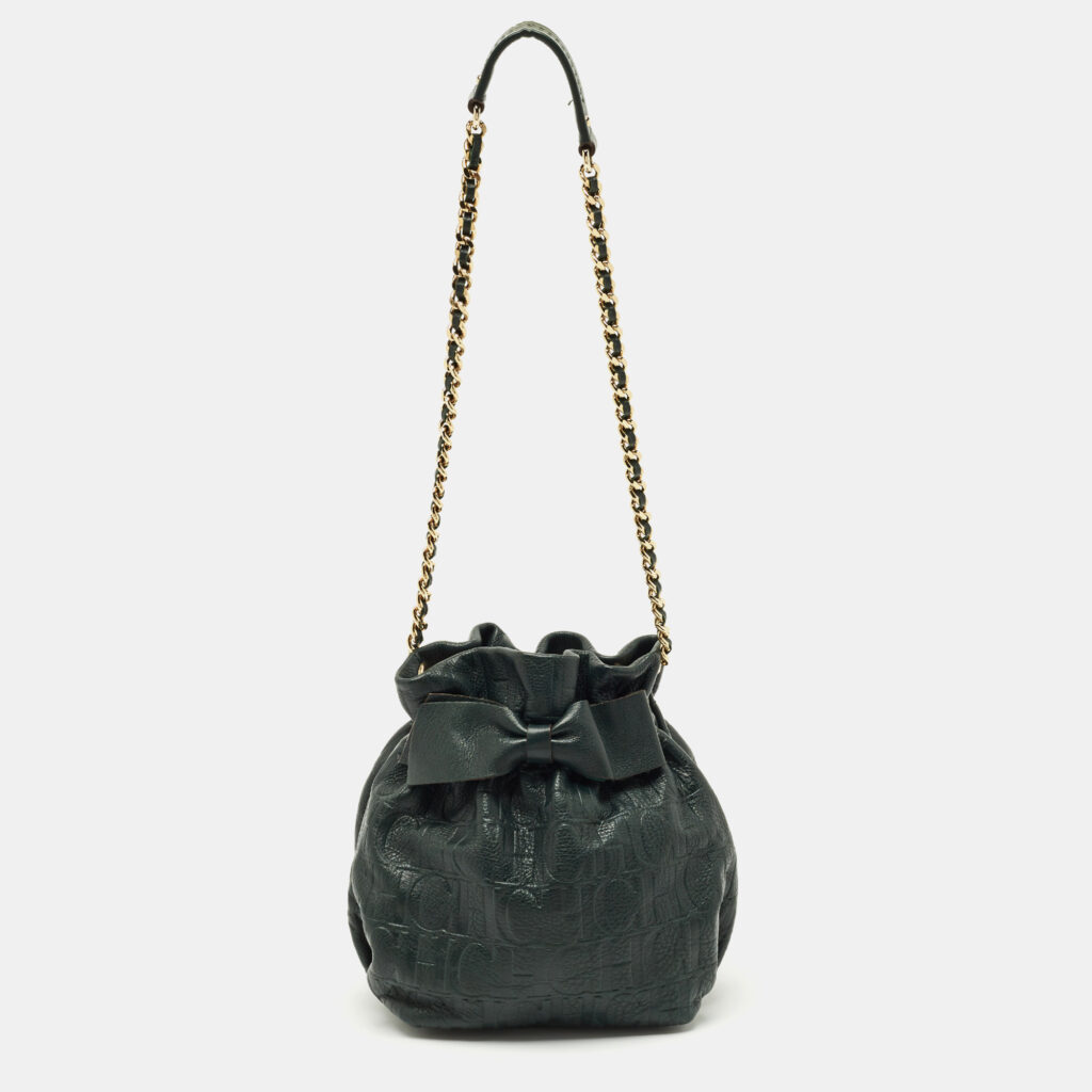Carolina Herrera Dark Green Monogram Embossed Leather Bow Bucket Bag Carolina Herrera Dark Green Monogram Embossed Leather Bow Bucket Bag