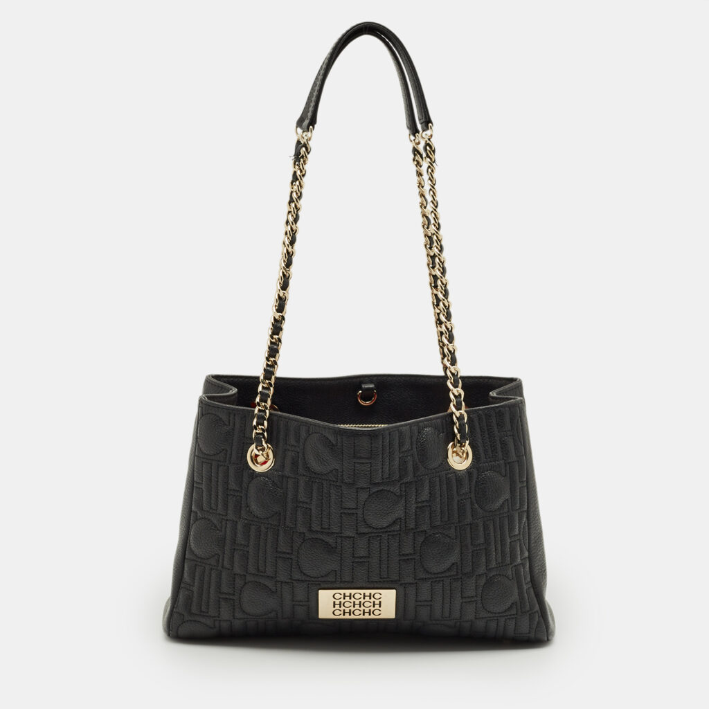 Carolina Herrera Black Monogram Leather CHHC Chain Tote Carolina Herrera Black Monogram Leather CHHC Chain Tote