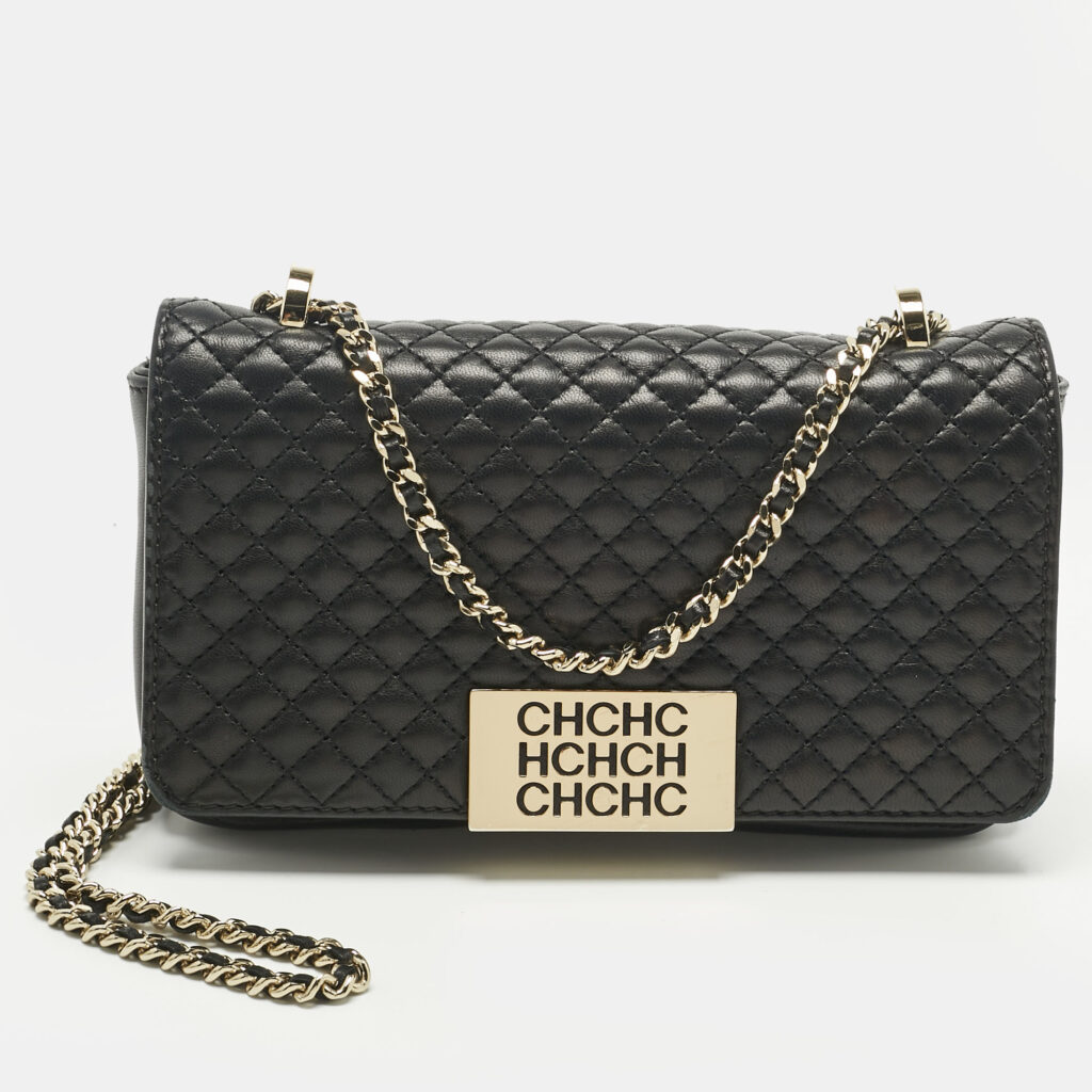 Carolina Herrera Black Quilted Leather CHHC Flap Shoulder Bag Carolina Herrera Black Quilted Leather CHHC Flap Shoulder Bag