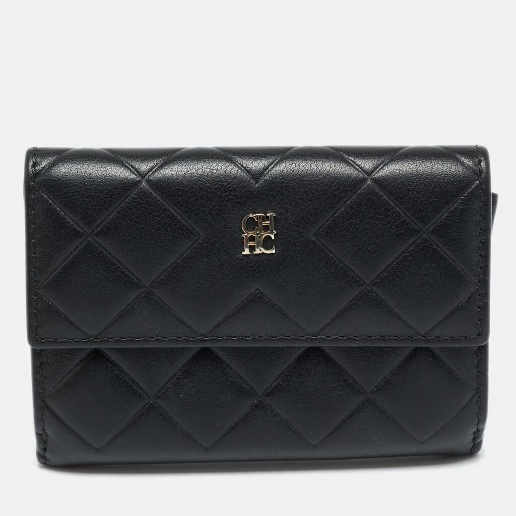 Carolina Herrera Black Quilted Leather Flap Compact Wallet Carolina Herrera Black Quilted Leather Flap Compact Wallet