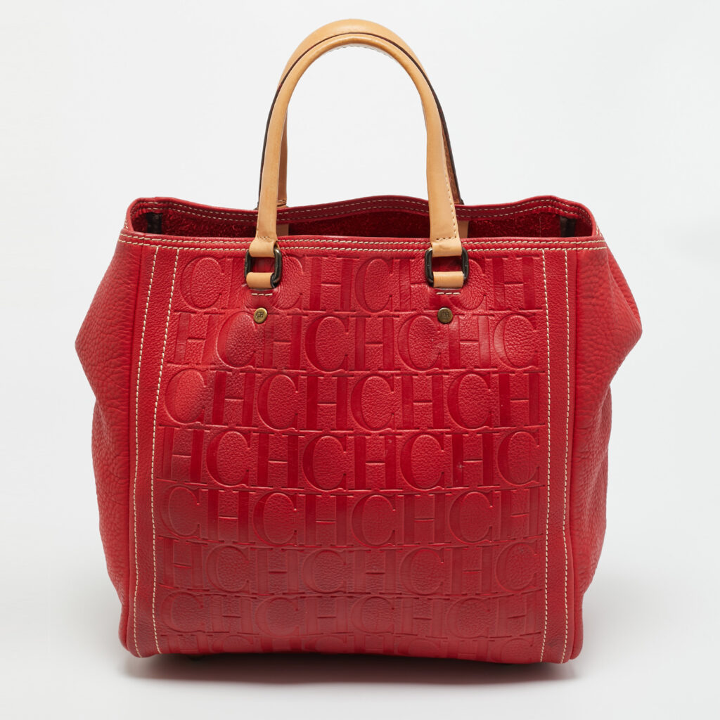 Carolina Herrera Red Monogram Embossed Leather Boston Tote Carolina Herrera Red Monogram Embossed Leather Boston Tote
