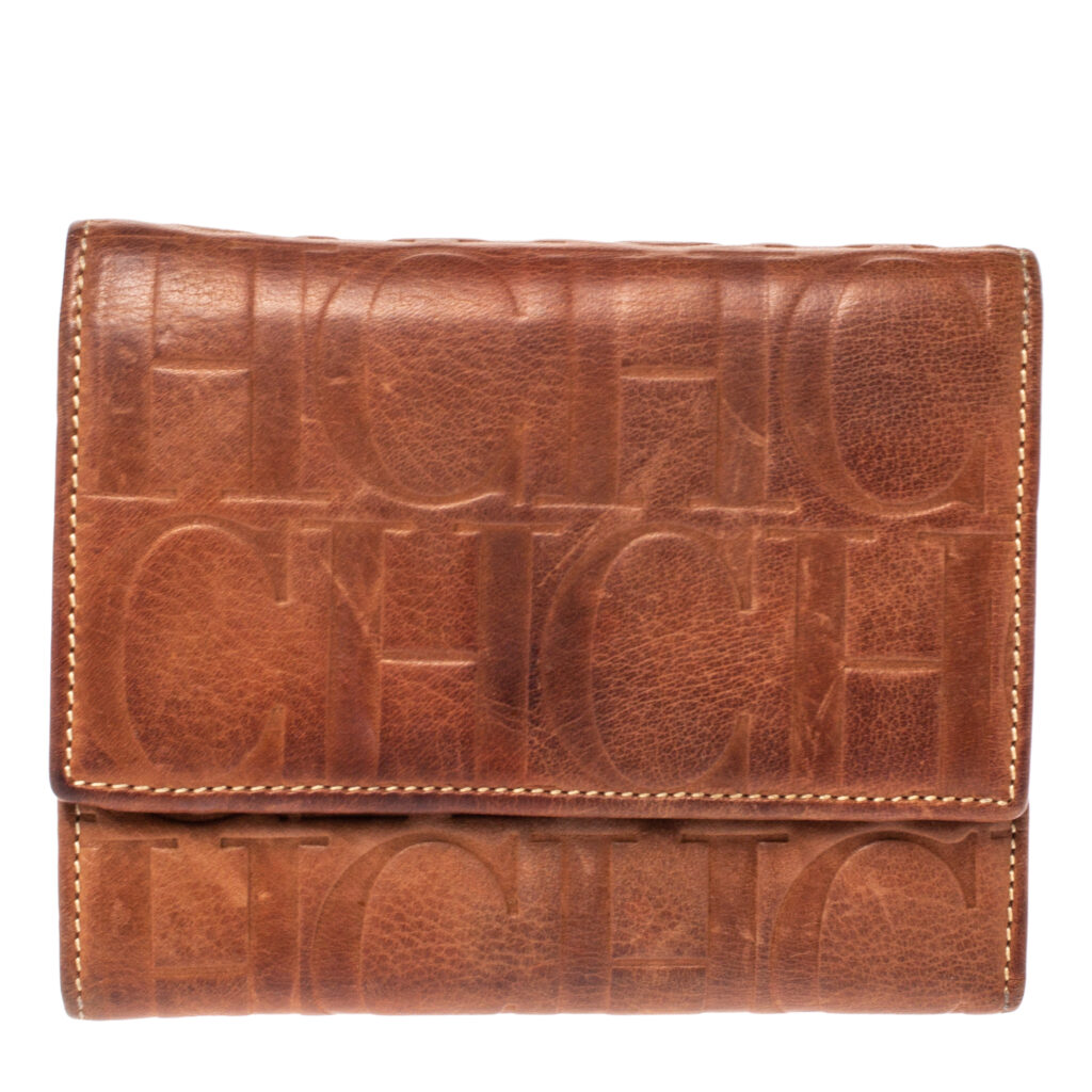 Carolina Herrera Brown Embossed Leather Trifold Compact Wallet Carolina Herrera Brown Embossed Leather Trifold Compact Wallet