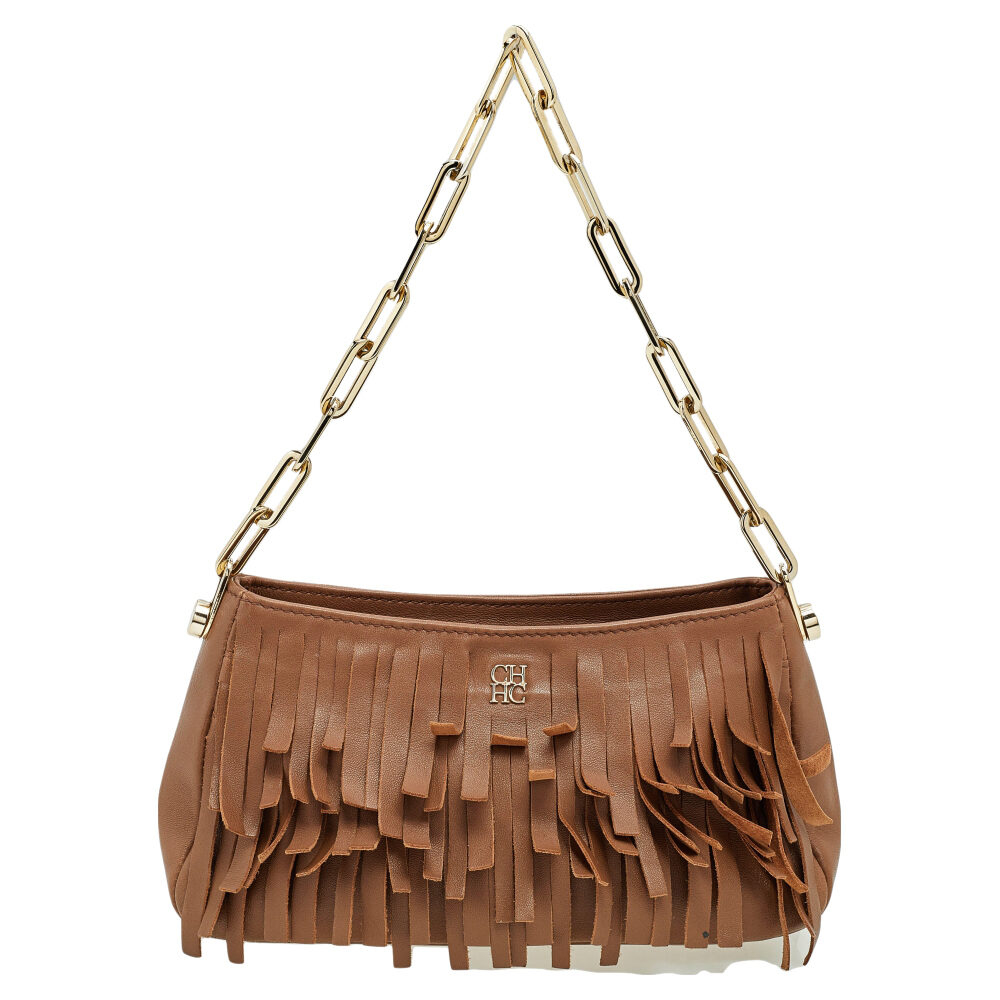 Carolina Hererra Brown Leather Fringe Chain Shoulder Bag Carolina Hererra Brown Leather Fringe Chain Shoulder Bag
