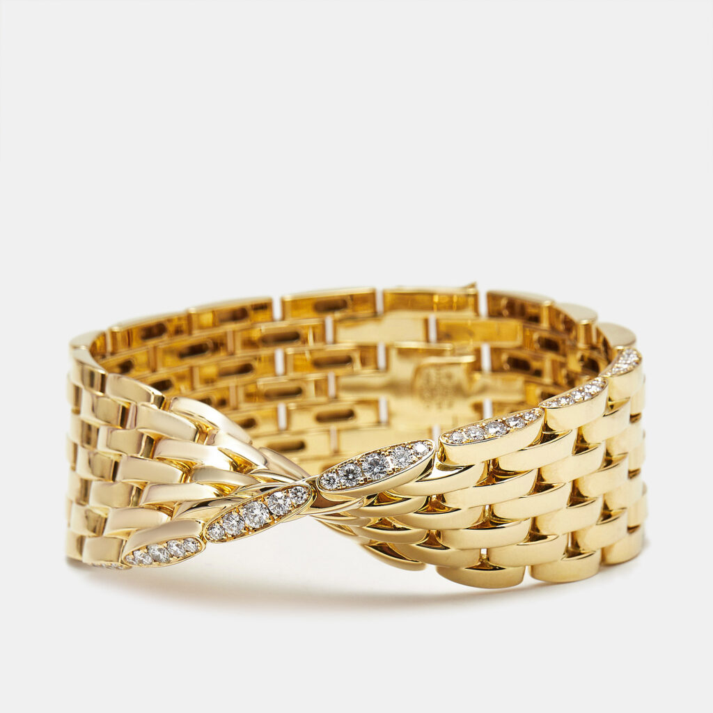 luxury-women-cartier-used-fine-jewelry-p1219279-004-1.jpg Cartier Maillon Panthère Ivresse Collection Diamond Twisted 18k Yellow Gold Bracelet