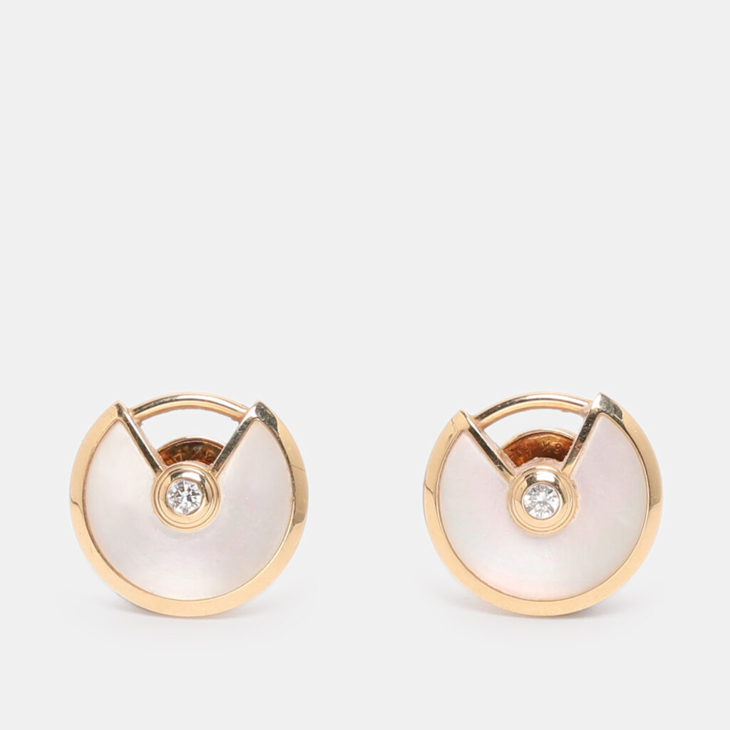 luxury-women-cartier-used-fine-jewelry-p1224638-002-1.jpg Cartier Amulette De Cartier Mother of Pearl Diamond 18k Yellow Gold Stud Earrings